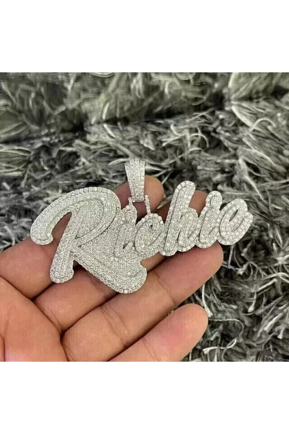 Real Moissanite 3Ct Round Cut Men's Custom Name Charm Pendant 14K White Gold Plated