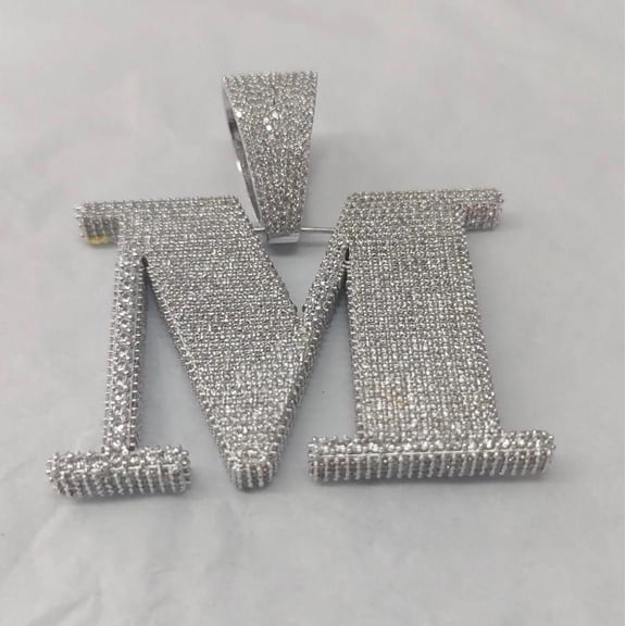 Real Moissanite Custome Letter "M" Charm Pendant Made of Silver 925 and 14K White Gold Plating Over It