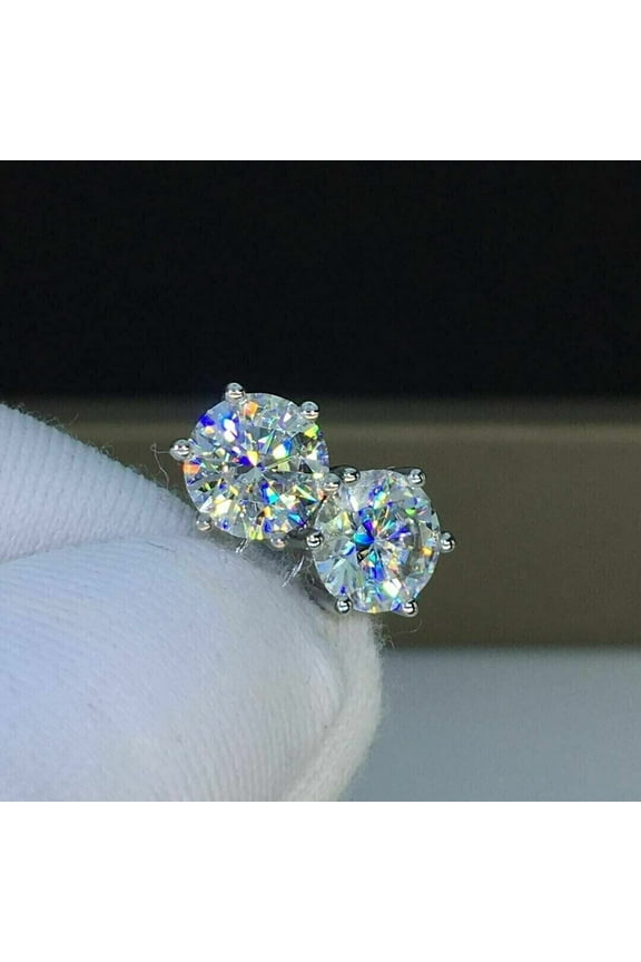 Real Moissanite D/VVS1 Diamond test passed stone 2Ct Round Cut Womens Solitaire Stud Earrings 14K White Gold Plated Silver
