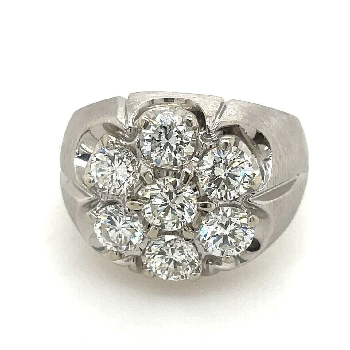 PASO JEWELS Real Moissanite Men's 2Ct Round Cut Wedding Cluster Ring 14k White Gold Plated Silver