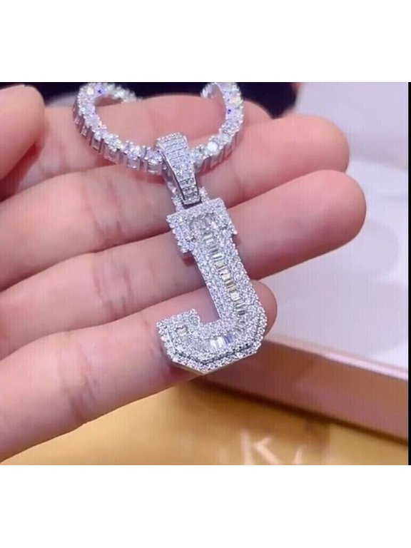 Real Moissanite Men's Personalize Custom Initial J Pendant 14k White Gold Plated