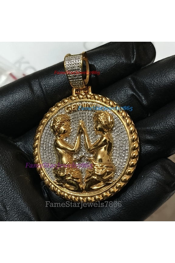 Real Moissanite Pendant 14K Yellow Gold Plated Sign of the Zodiac Birth Astrological Sign 'Gemini' Twins Horoscope, Men Women