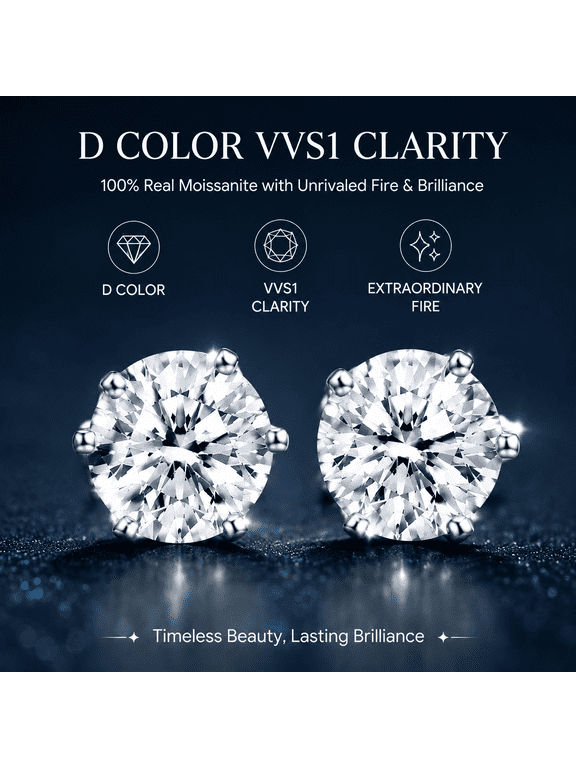 Real Moissanite Stud Earrings for Women Men - D Color VVS1 Clarity 925 Sterling Silver Earrings, Hypoallergenic Fine Jewelry Gift, White