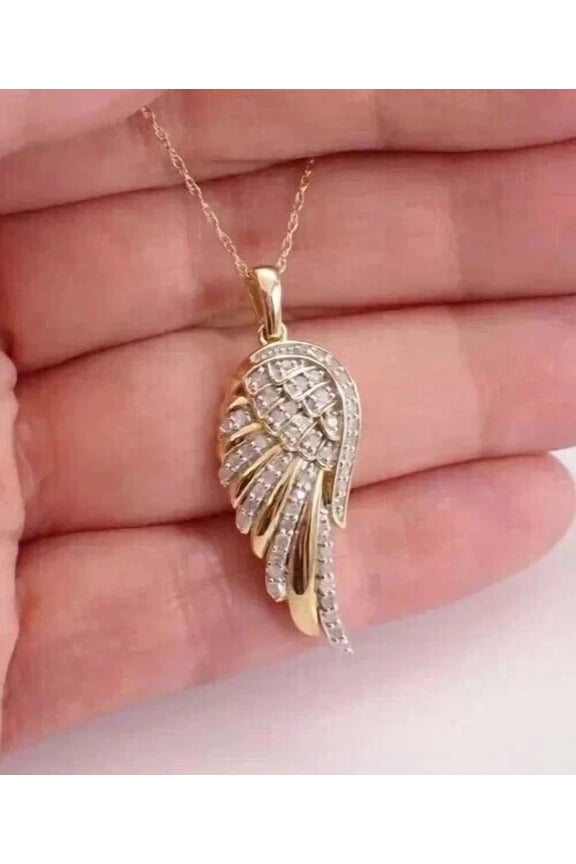 Real Moissanite Women's Wings 1.50 Ct Round Cut Pendant 14K Yellow Gold Plated