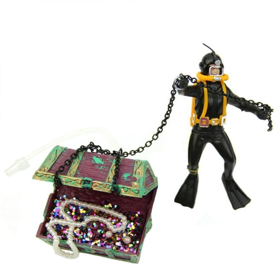 Real Motion Aerating Fish Tank Decoration, Treasure Hunting Frogman Diver Ornament With Opening Treasure Box, Ideal For Various Fish Tanks Safe For Freshwater & Saltwater Fish,