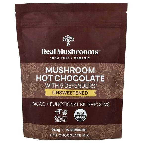 Real Mushrooms Mushroom Hot Chocolate with 5 Defenders, Unsweetened, 240 g