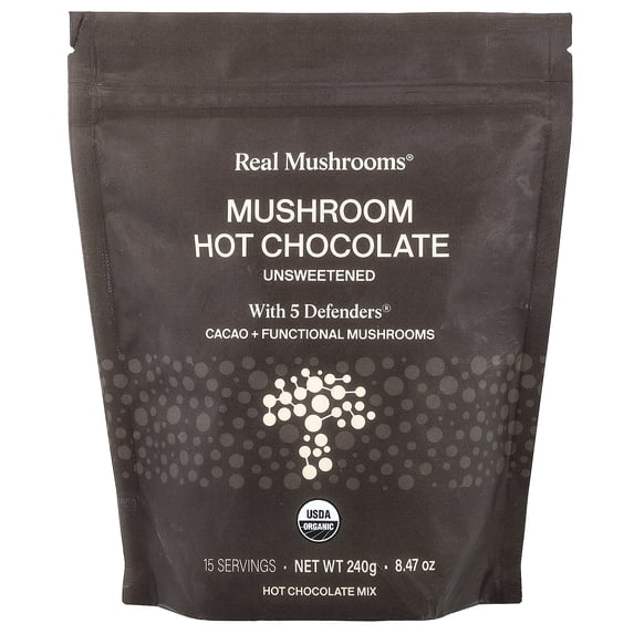 Real Mushrooms Mushroom Hot Chocolate with 5 Defenders®, Unsweetened, 8.47 oz (240 g)
