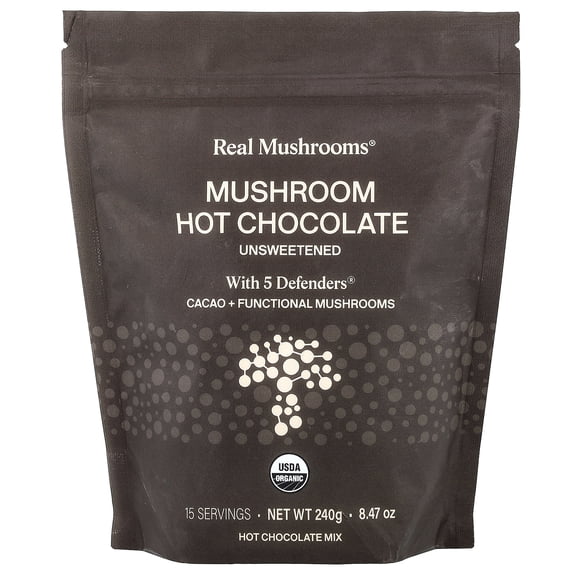Real Mushrooms Mushroom Hot Chocolate with 5 Defenders, Unsweetened, 8.47 oz (240 g)