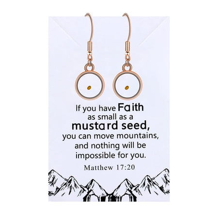 Real Mustard Seed Hook Dangle Earrings Stainless Steel Faith Religious Jewelry with Gift Box Y1564 (Rose Gold, Round)