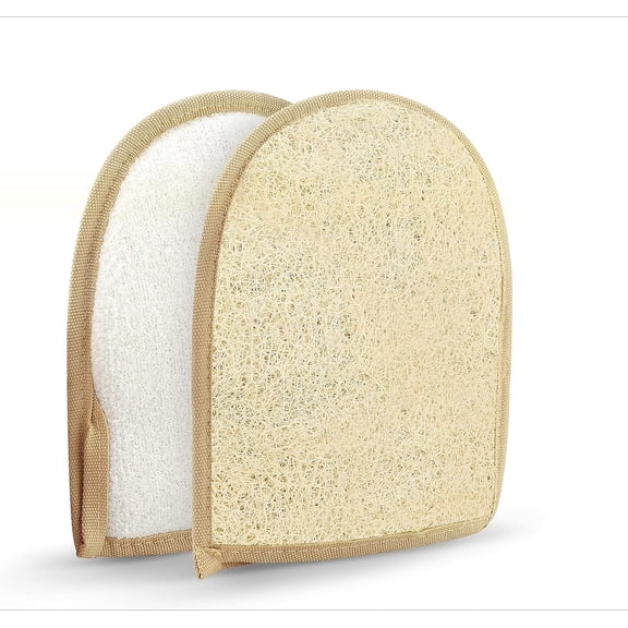 Real Natural Loofah Exfoliating Bath Gloves for Women and Men Terry Cloth Lining Premium Exfoliator Mitt for Deep Body Cleansing 2 Pack