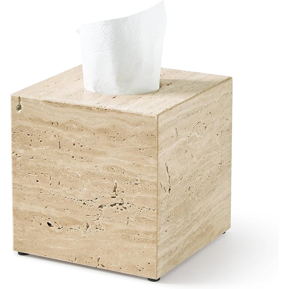 Real Natural Marble Tissue Box Cover, 5.5 Inch Square Marble Tissue Box Holder with Open Bottom, Heavy Stone Decorative Organizer for Bathroom Vanity, Kitchen Countertop, Luxury Home Décor