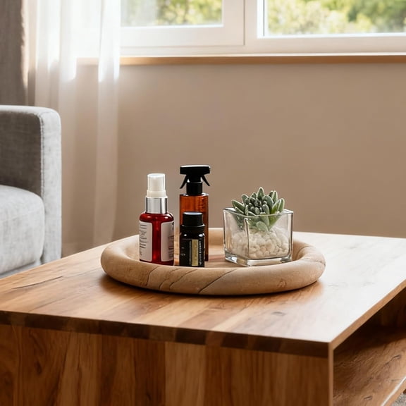 Real Natural Marble Tray, Marble Round Decorative Vanity Tray for Bathroom Countertop, Kitchen Counter, or Catchall, Coffee Table Tray for Jewelry (Vein Sandstone)