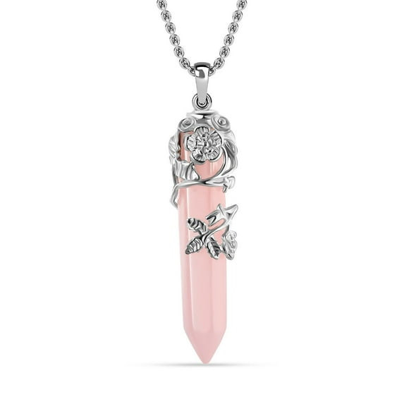 Real Natural Pink Rose Quartz Necklace 24" with Lobster Clasp - Healing Crystal Necklace with Flower Wrapped Rose Quartz Pendant Rose Quartz Jewelry Birthday Gifts for Women