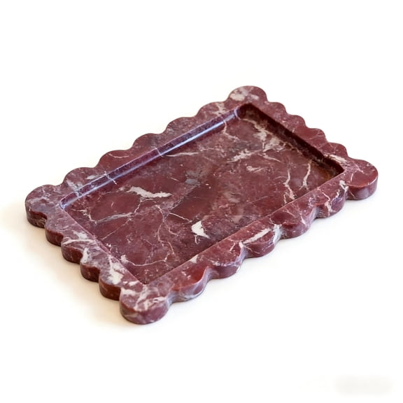 Real Natural Rosa Levanto Scalloped Marble Tray (11.8" X 7.87") - Luxury Decorative Organizing Tray for Bathroom Vanity, Dresser, Home Decor