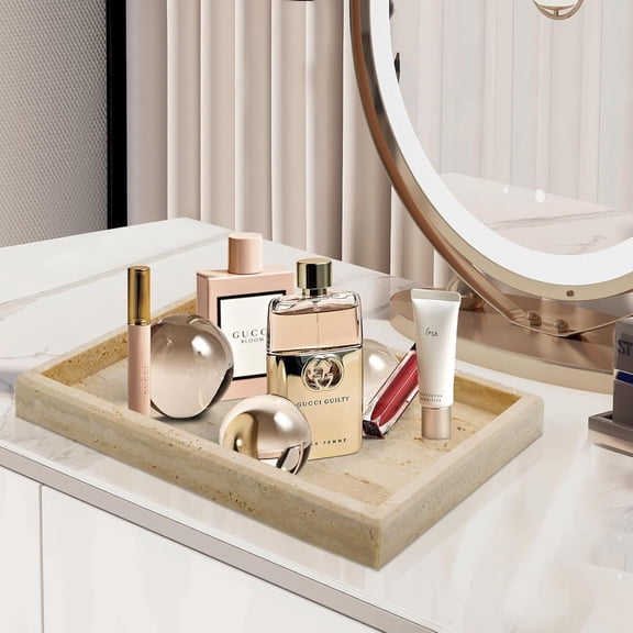 Real Natural Travertine Tray for Bathroom, Vanity, Kitchen and Desktop, Rectangle Genuine Travertine Stone Tray for Jewelry, Cosmetics, Candles, Lotion, Perfume and Home Decor