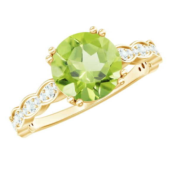 Rosec Jewels Natural Peridot Solitaire Engagement Ring 2 Carat - (8 mm Round) Peridot Diamond Ring for Women - AAA Quality, 10K Yellow Gold, US 11.50