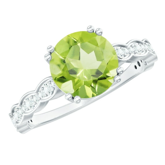 Rosec Jewels Natural Peridot Solitaire Engagement Ring 2 Carat - (8 mm Round) Peridot Diamond Ring for Women - AAA Quality, 14K White Gold, US 9.00