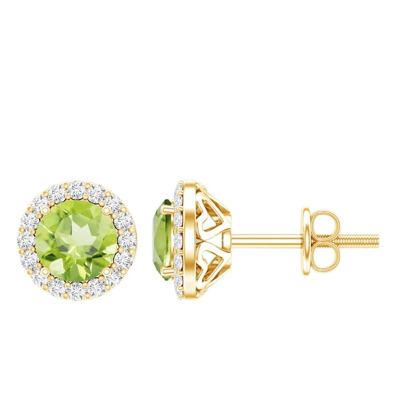 Rosec Jewels Peridot Stud Earrings for Women - 1 Ct - AAA Quality - Real Peridot Diamond Earrings with Halo - with Jewelry Box, 18K Yellow Gold