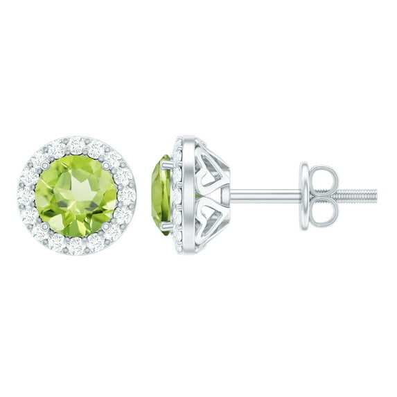 Rosec Jewels Real Peridot Stud Earrings with Diamond Halo for Women - AAA Quality, 925 Sterling Silver