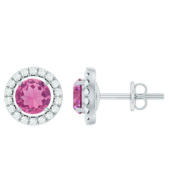 Rosec Jewels Real Pink Tourmaline Stud Earrings with Diamond Halo - AAA Grade, 925 Sterling Silver