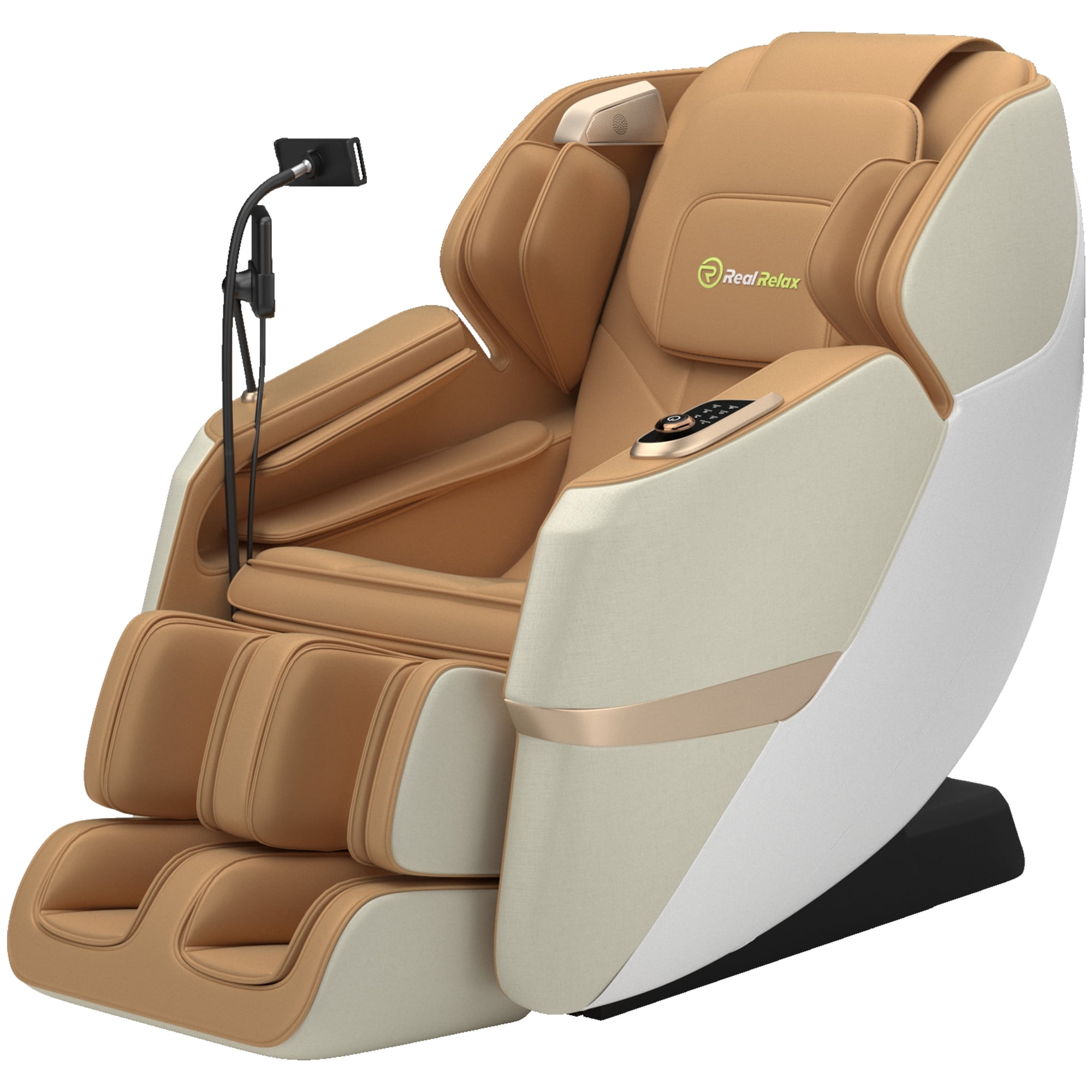 Real Relax 3D Massage Chair, Full Body Zero Gravity Recliner with SL Track, Yoga Stretching, Foot Rollers, Bluetooth, Heating, Brown & Khaki