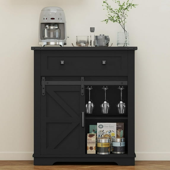 Real Relax Coffee Bar Cabinet, Farmhouse Sideboard Buffet Cabinets with Storage, Wine Glass Rack, Sliding Barn Door, Buffet Table for Kitchen, Dining Room, Entryway, Black