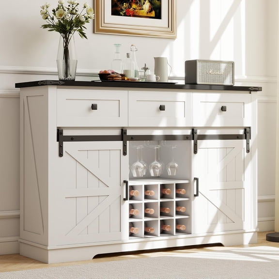 Real Relax Farmhouse Wine Bar Cabinet, 54" Coffee Bar Cabinet with Storage, Sliding Barn Door, Wine and Glass, Rustic Large Buffet Sideboard Liquor Cabinets for Dining Room, Kitchen, White