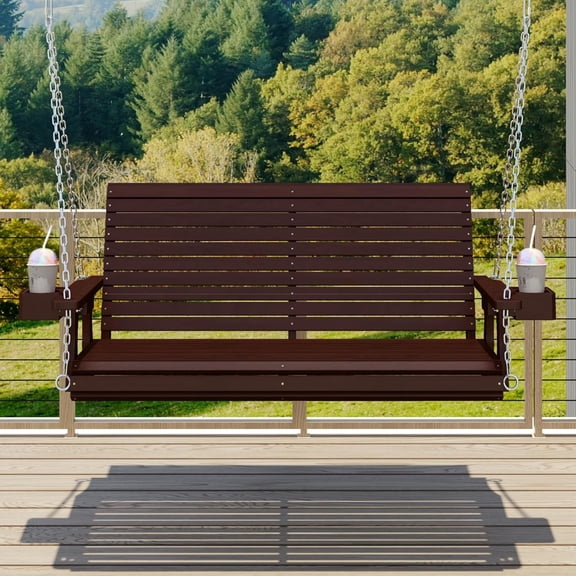 Real Relax Front Porch Swing, Wooden 2-Seater Outdoor Swing  with Cupholders, Hanging Chains, Heavy Duty 880 Lbs, Deep Seat and High Backrest for Outside, Backyard, Garden, 4 FT (Brown)