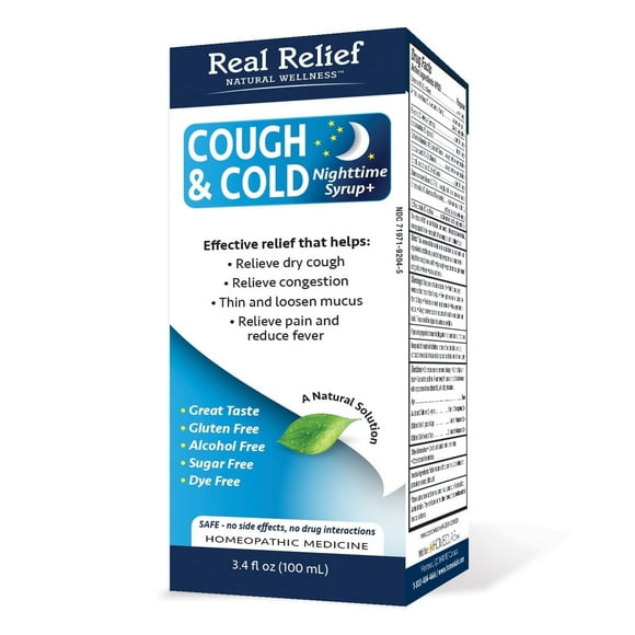 Real Relief Cough & Cold Nightime Syrup, Gluten and Dye Free, No Added Sugar, 3.4oz