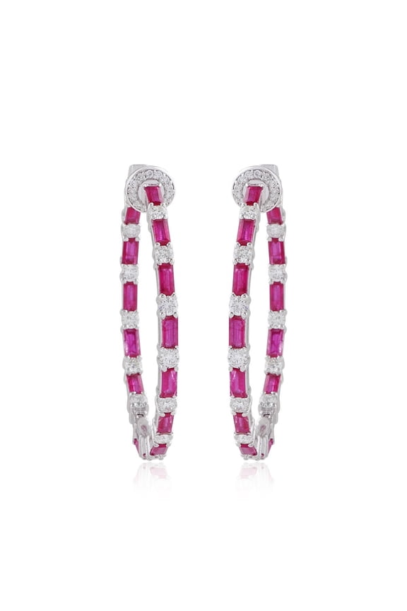 Real Ruby Solid 18 Kt White Gold SI Clarity HI Color Diamond Handmade Hoop Earrings