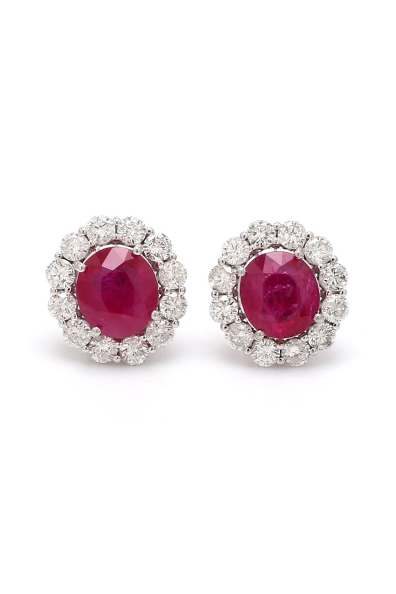 Real Ruby Solid 18 Kt White Gold SI Clarity HI Color Diamond Stud Earrings
