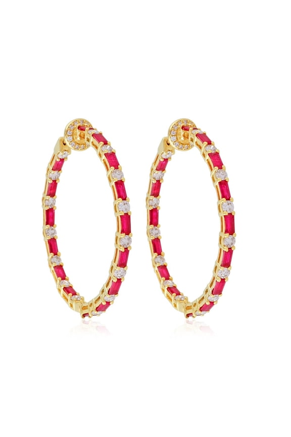 Real Ruby Solid 18 Kt Yellow Gold SI Clarity HI Color Diamond Fine Hoop Earrings