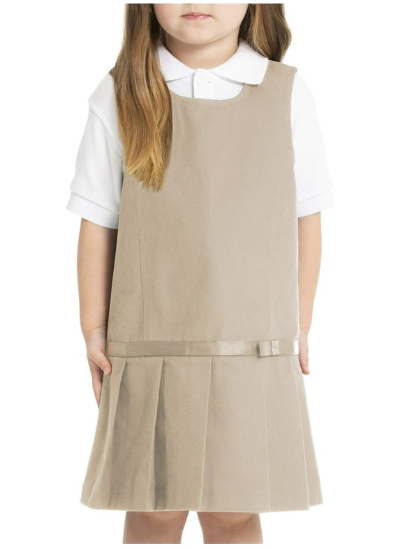 Real School Toddler Girls School Uniform Drop Waist Jumper Dress with Ribbon