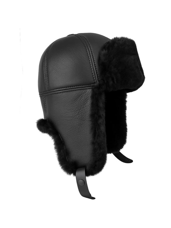 Leather Aviator Russian Ushanka Trapper Shearling Sheepskin Fur Ear Flap Winter Hat, Chocolate Brown, M