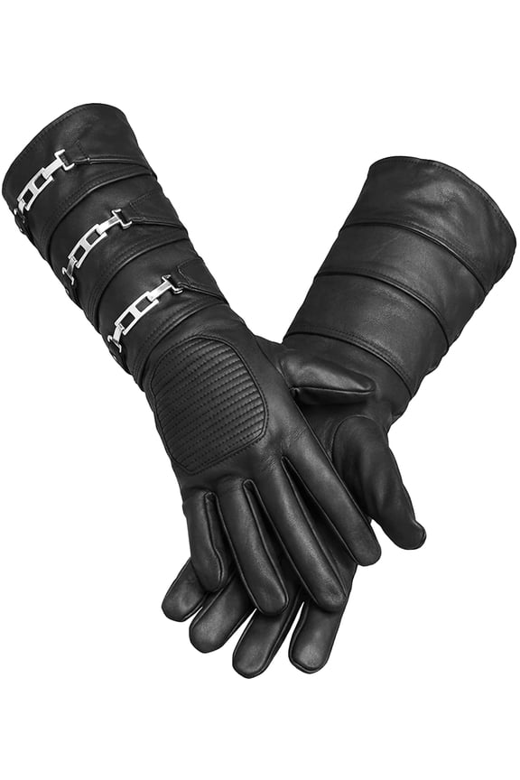Real Sheepskin Leather Sky Gauntlet Costume Glove - Cosplay Gloves Right and Left Black Set (XL)