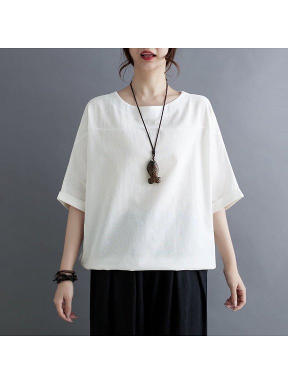 Real Shot Spot 2024 Summer New Artistic Retro Versatile round Neck Top Cotton and Linen Large Size Women's Shirt