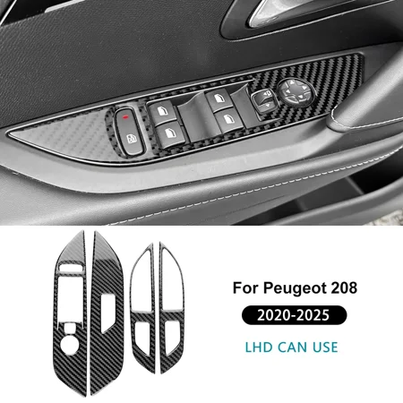 Real Soft Carbon Fiber Sticker For Peugeot 208 e-208 2020 2021 2022 2023 2024 2025 Car Front Rear Window Lift Button Panel Trim.