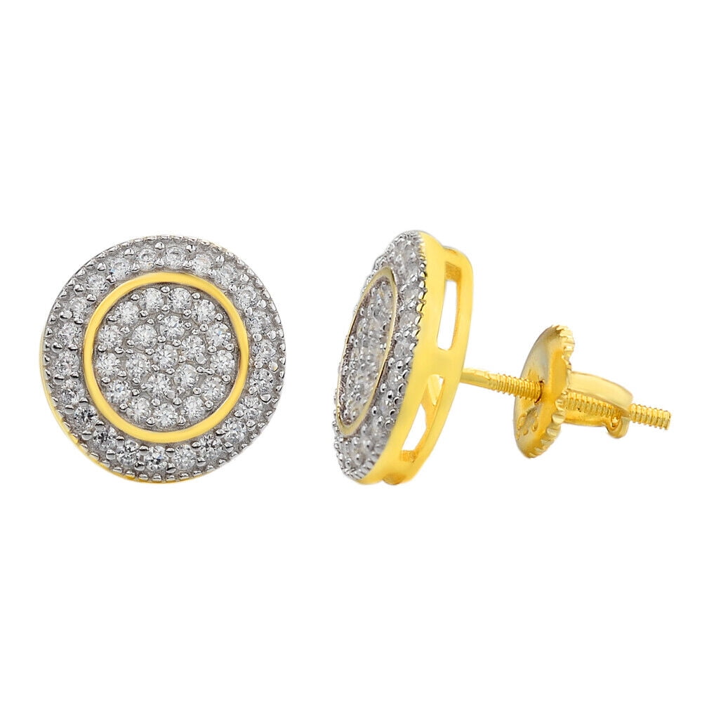 Real Solid 925 Silver Lab Created Diamonds Mens Earrings Big Studs 14k Gold Plated