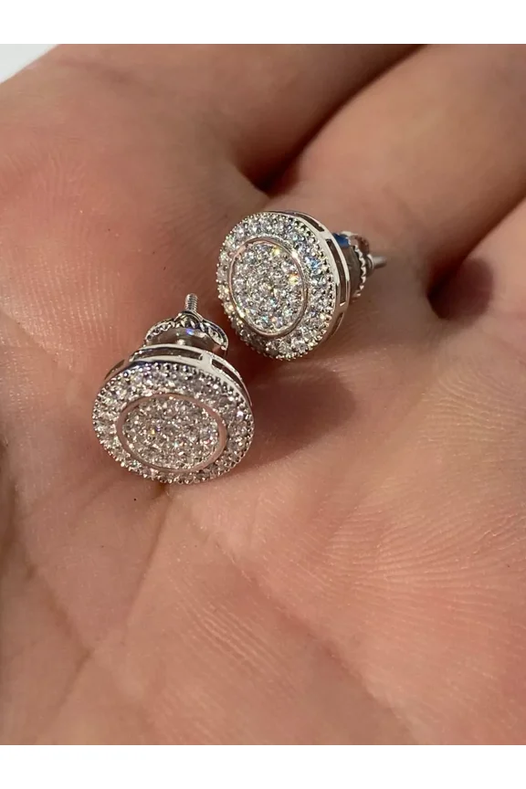 "Real Solid 925 Silver Simulated Diamond Men's Earrings  Large Studs with Screw Backs"