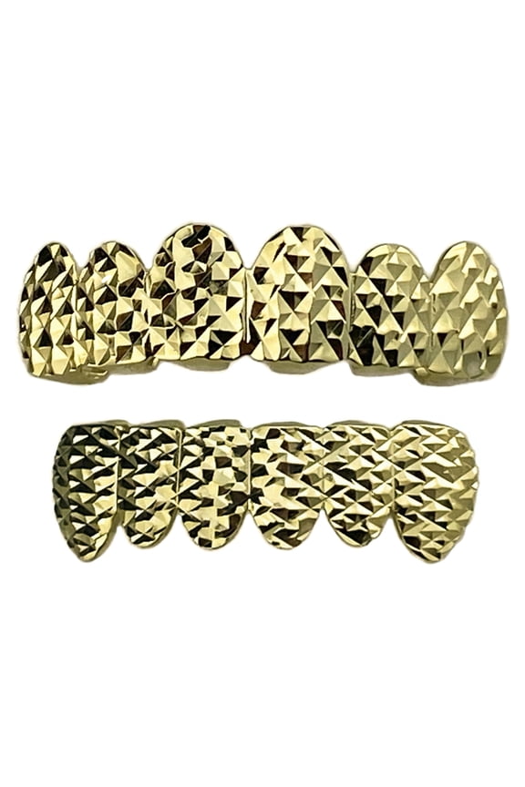 Real Solid 925 Silver w/Gold Finish Diamond Cut Grillz Set Six Top & 6 Bottom Teeth Grills