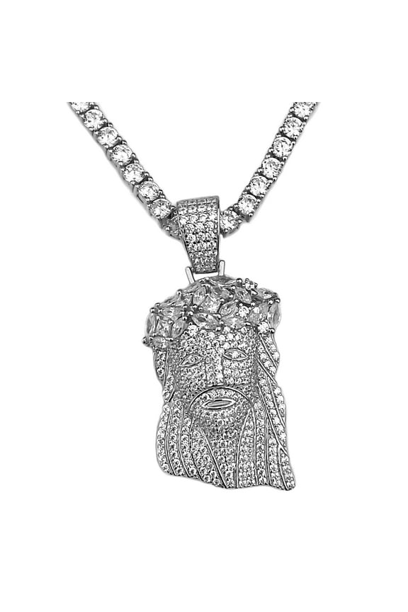 Real Solid 925 Sterling Silver 1" Jesus Iced Pendant Tennis Chain Choker One Row 16" inch x 3 MM Necklace
