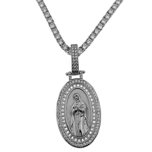 Real Solid 925 Sterling Silver 1" inch Virgen De Guadalupe Holy Mary Oval Medallion Pendant Tennis Chain Choker 16" inch Necklace
