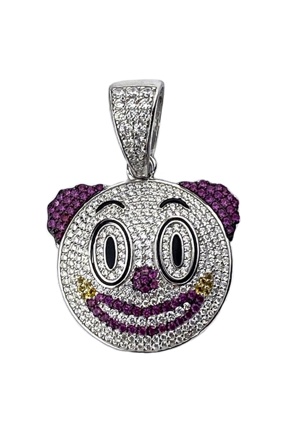 Real Solid 925 Sterling Silver Clown Face Emoji Pendant Iced Micro Pave Charm 1.5" inch