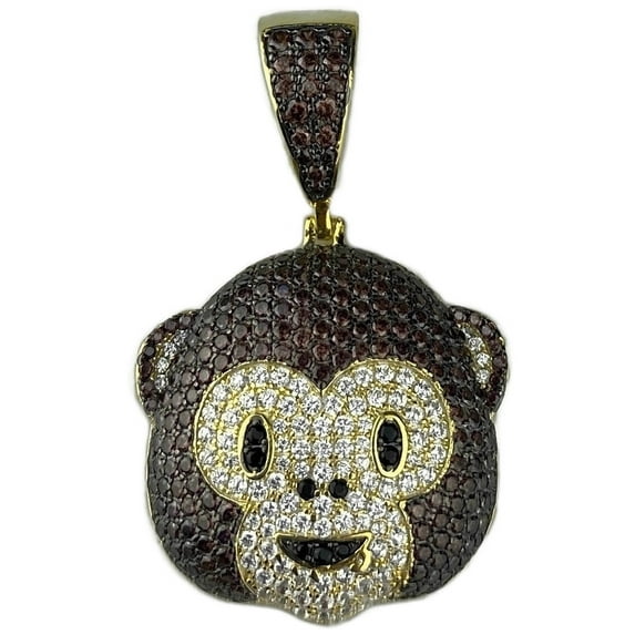 Real Solid 925 Sterling Silver Gold Finish Iced Brown Monkey Face Emoji Hip Hop Pendant 1" Inch