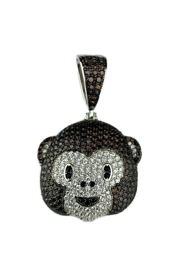 Real Solid 925 Sterling Silver Iced Brown Monkey Face Emoji Hip Hop Pendant 1" Inch