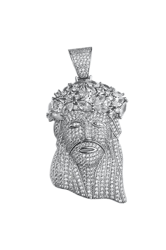 Real Solid 925 Sterling Silver Jesus Iced Flooded Pendant Micro Pave Bling Baguette Crown Of Thorns Large 2.5" Inch Tall