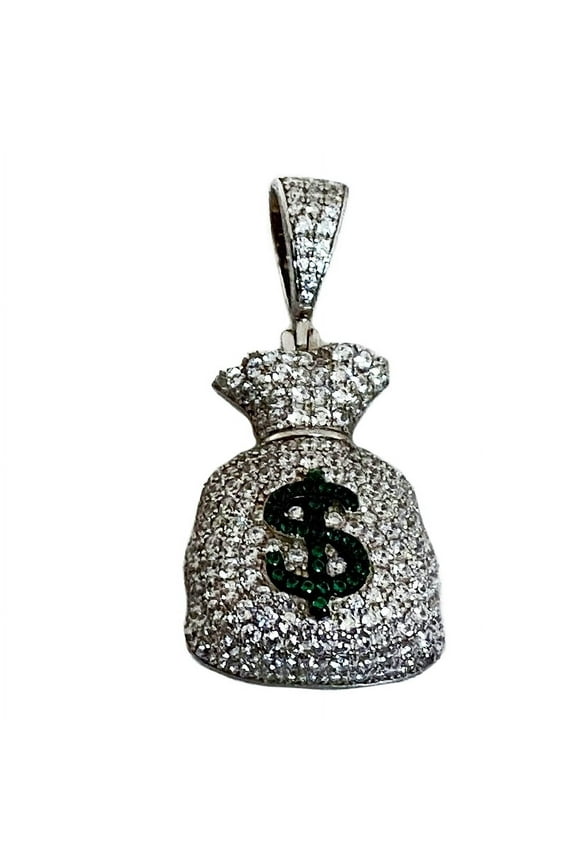 Real Solid 925 Sterling Silver Money Bag Emoji Flooded Out Hip Hop Iced Pendant