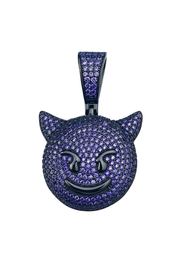 Real Solid 925 Sterling Silver Purple Iced Smiling Laughing Devil Horns Emoji Pendant