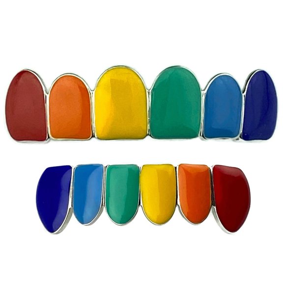 Real Solid 925 Sterling Silver Rainbow Color Grillz Set Top Six And Bottom 6 Teeth Hip Hop Grills