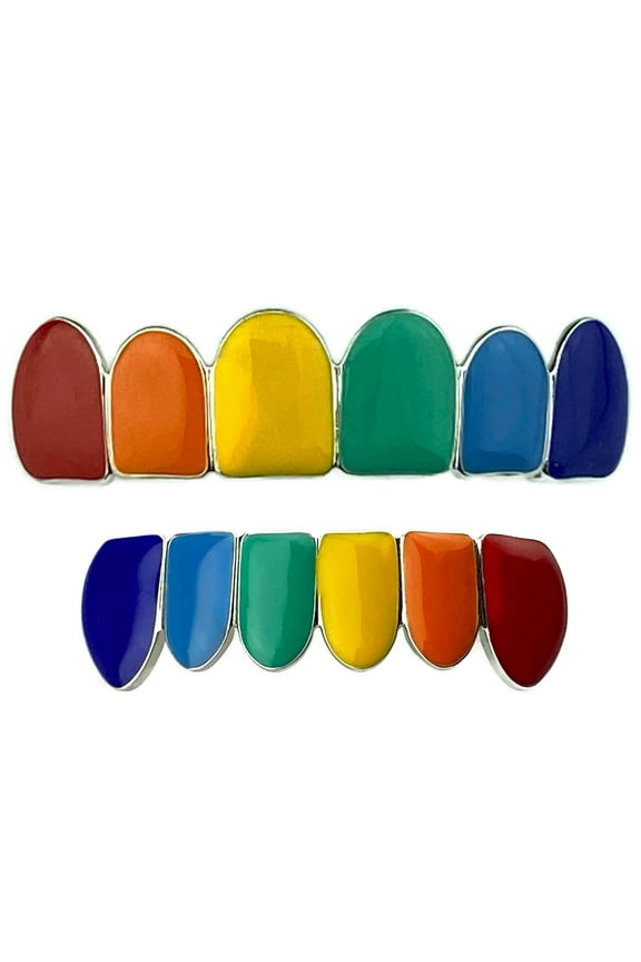 Real Solid 925 Sterling Silver Rainbow Color Grillz Set Top Six And Bottom 6 Teeth Hip Hop Grills